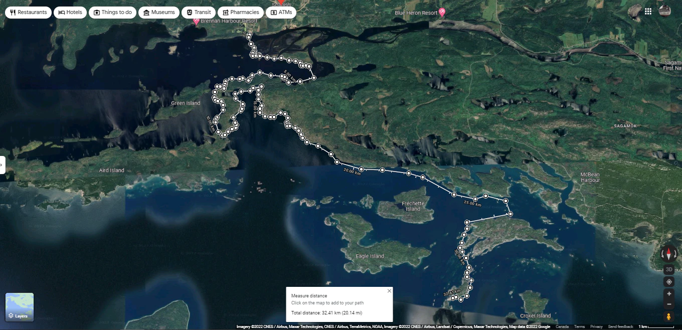 A map that planned a paddle route and measured distances from the Spanish Marina in Ontario to The Benjamin Islands in Lake Huron's North Channel.